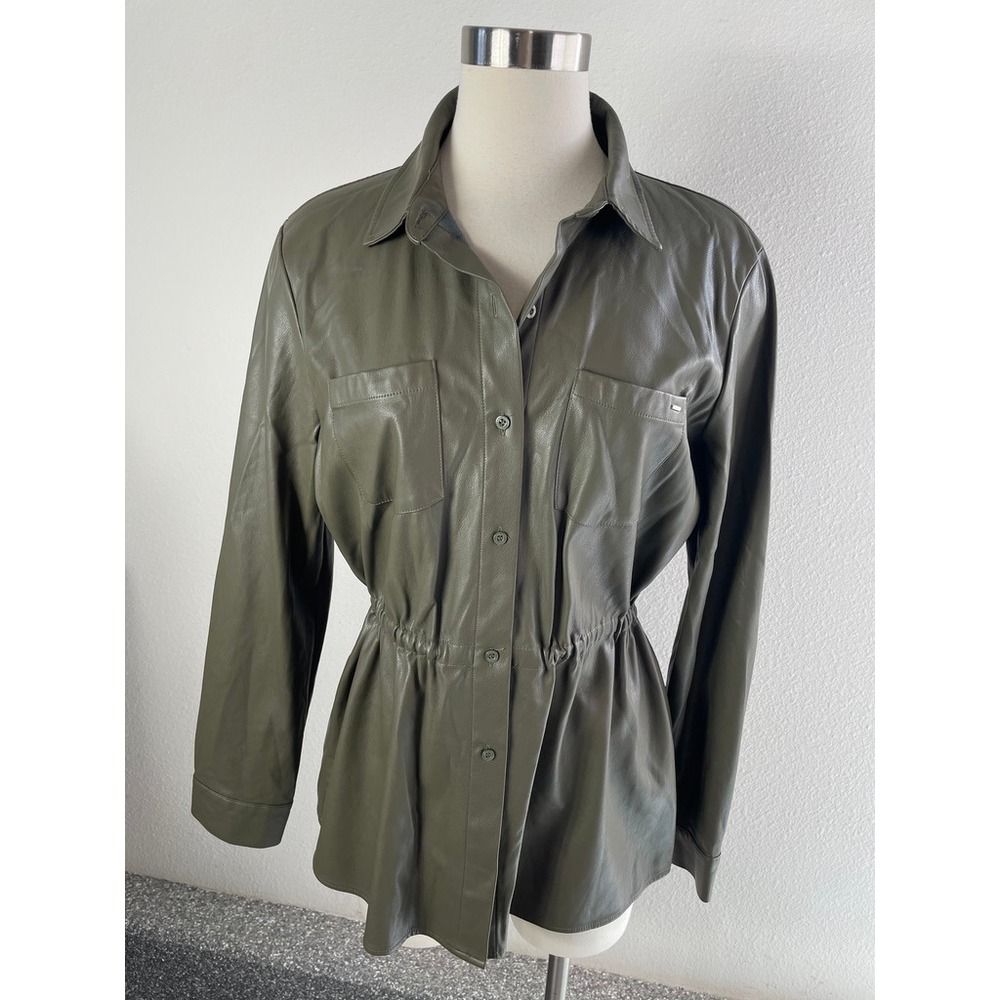 Calvin Klein Womens Large‎ Olive Green Faux Leather Cinched Waist Shirt Jacket
